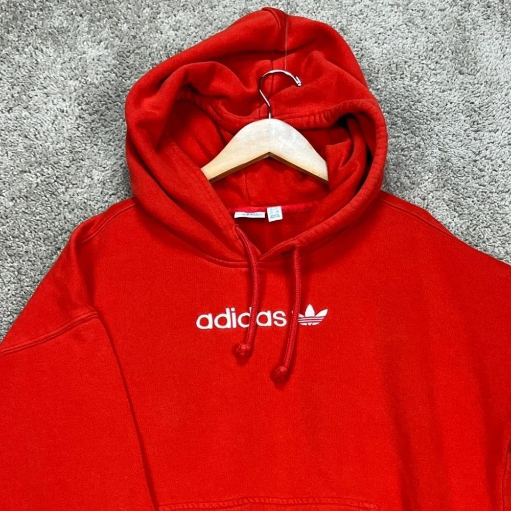 Adidas Hoodie Mens XS Red Long Sleeve‎ Drawstring Pullover 3-Stripes Fleece EUC